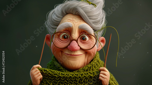 A charming 3D headshot illustration of an elderly woman, exuding warmth and creativity, as she showcases her knitting skills. Dressed in an olive green shawl, this endearing cartoon characte photo