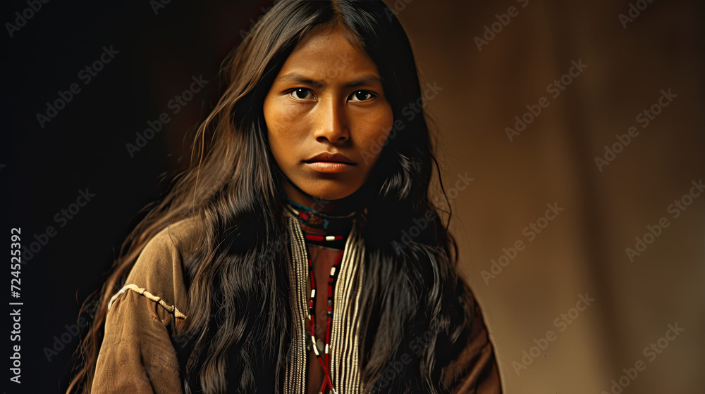 Old Native young beautiful woman American Indian with selective focus background