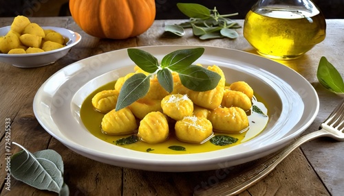 delicious pumpkin gnocchi with sage leaves and olive oil vegan