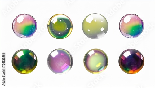 set of colorful spheres soap bubbles isolated on white background crystal glass bubbles