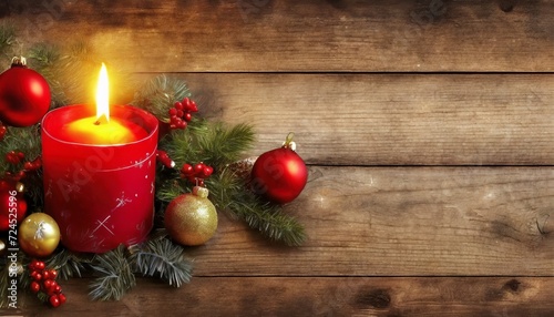 christmas burning red candle and christmas decorations on wooden background christmas day horizontal greeting and invatation banner with copy space for advertisement and other usage photo