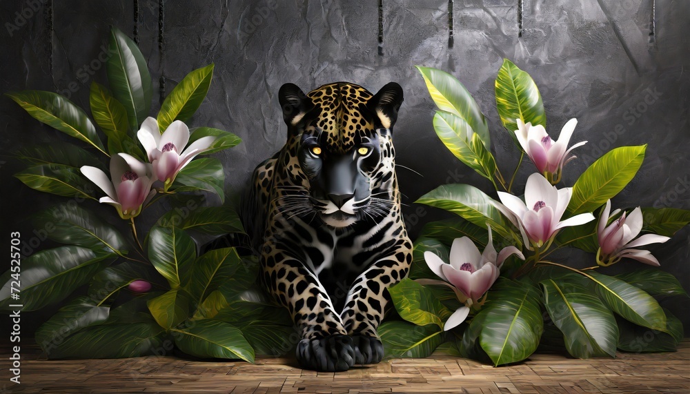 3d panther in tropical leaves with magnolia on the background of a dark wall in the loft style