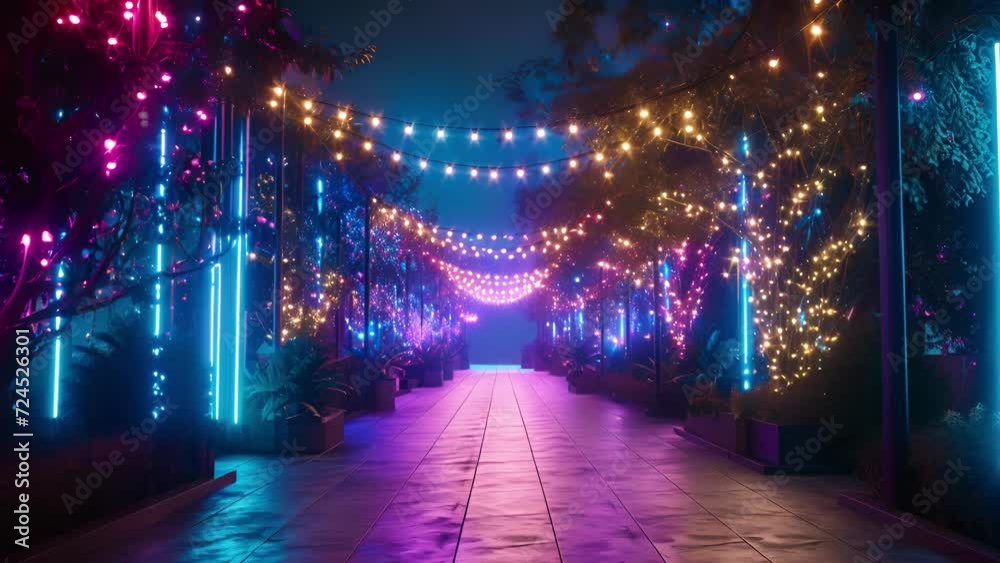 Landscaped pathways lined with neon string lights leading to different party zones.