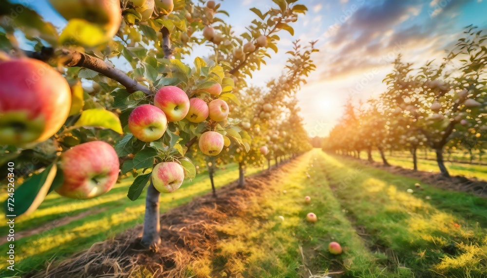 fruit farm with apple trees branch with natural apples on blurred background of apple orchard in golden hour concept organic local season fruits and harvesting  technology - obrazy, fototapety, plakaty 
