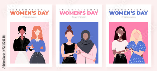 International Women's Day banner, backround, poster set. Inspire inclusion 2024 campaign. Group of women of different ethnicity, age, body type, hair color vector illustration in flat style.