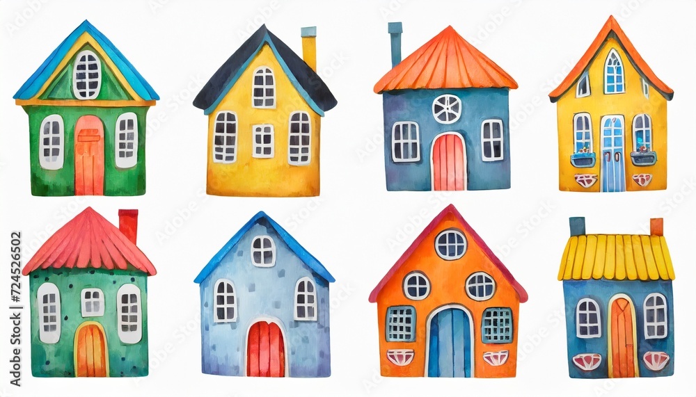 set of cute watercolor houses on white background funny cartoon fairy tail houses for kids books story books