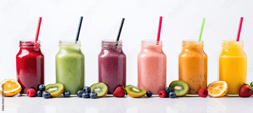 Four healthy fresh fruit and vegetable smoothies isolated on white background Four healthy fresh fruit and vegetable smoothies isolated on white background