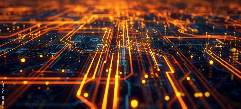 Glowing nodes and lines on digital circuitry create a luminous, futuristic techno landscape in gold and black tones Glowing nodes and lines on digital circuitry create a luminous, futuristic techno landscape in gold and black tones