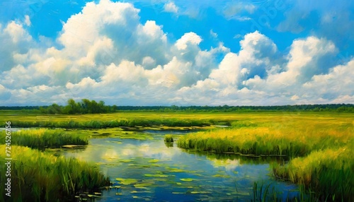 oil color painting of a swamp wetland with cumulus clouds hd phone wallpaper ai generated