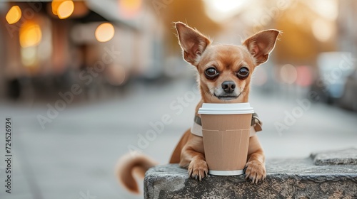Close up of adorable dog holding an empty coffee to go paper cup in its paw with a cute expression