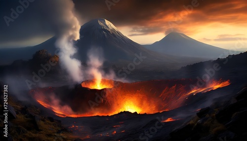 volcanic crater with steaming geysers molten lava and ominous volcanic peaks in the distance game art
