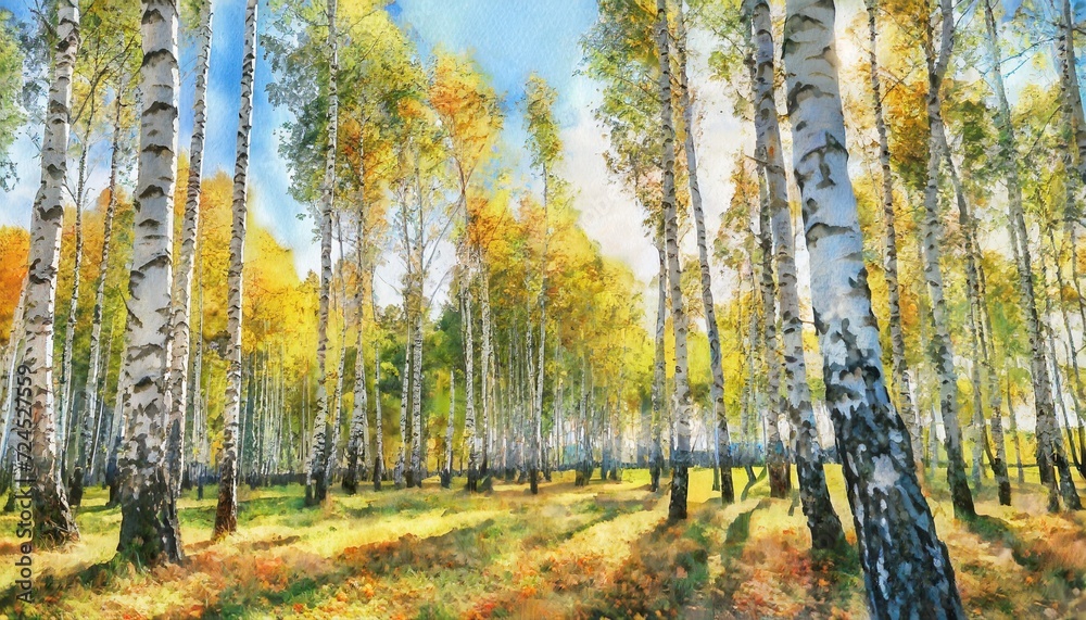 watercolor painting of birch forest in autumn season in a sunny day 