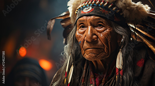 Old Native Senior American Indian with selective focus background