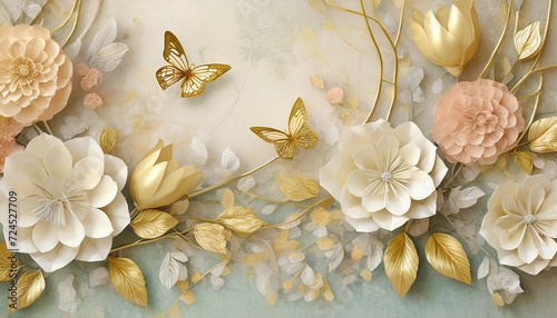 decorative mural with golden butterflies and paper flowers romantic background in pastel colors for photo album 