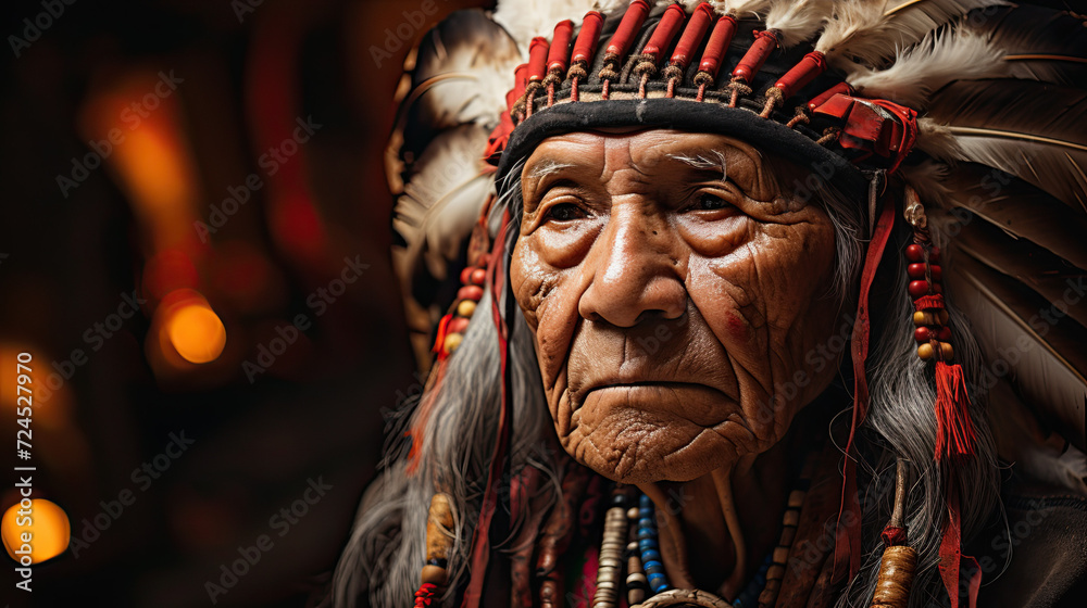 Old Native Senior American Indian with selective focus background