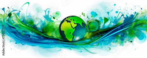 Illustration of earth immersed in swirl of water, greenery, with abstract splashes representing fluidity, life-giving aspects of nature. Earth Day. Environmental Conservation. Sustainable Development