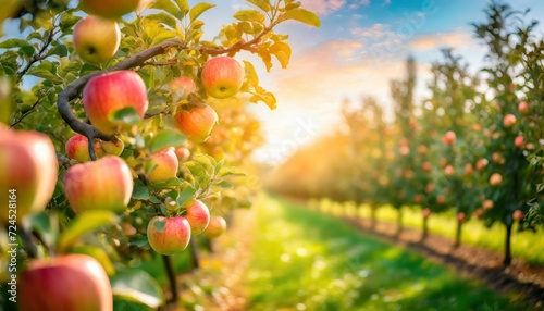 fruit farm with apple trees branch with natural apples on blurred background of apple orchard in golden hour concept organic local season fruits and harvesting finest 