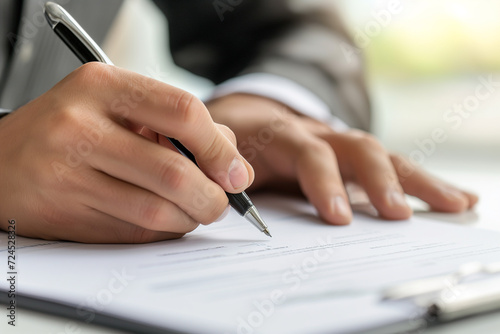 Businessman hands sign a a contract documents with a fountain pen, Close-up