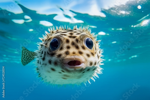 Aufgeblasener Kugelfisch schwimmt im Meer, Unterwasser, Generative AI photo