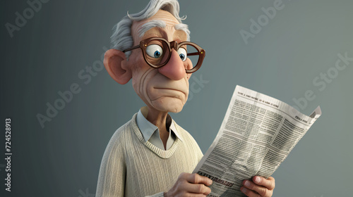 A charming 3D headshot of a cartoon elderly man, exuding wisdom and sophistication, wearing a cream cardigan and engrossed in his newspaper. Perfect for illustrating news, leisure time, and