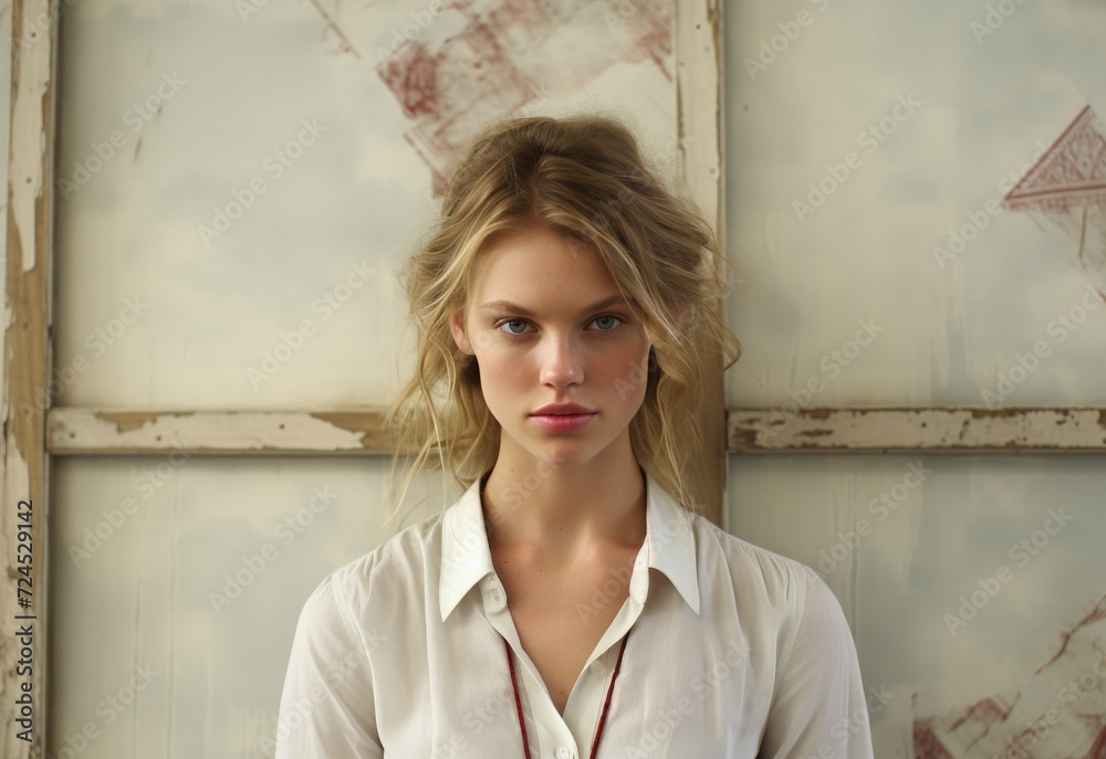 Fototapeta premium Woman in White Shirt Standing in Front of Wall