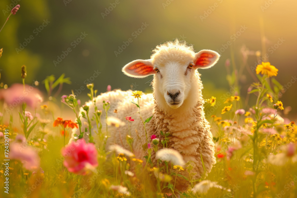 A happy sheep standing in a vibrant green meadow, surrounded by colorful wildflowers and enjoying the warm sunlight.