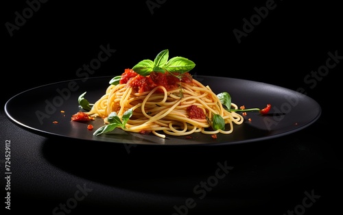 Italian spaghetti on a dark plate, set against a stylish dark background for a sleek presentation