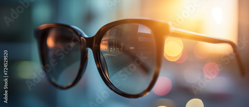 Captivating Close-Up of Sunglasses Against a Blurred Urban Sunset, Embracing Modern Lifestyle and Elegance