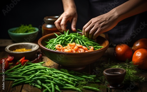 The professional cook prepares shrimp with spring beans