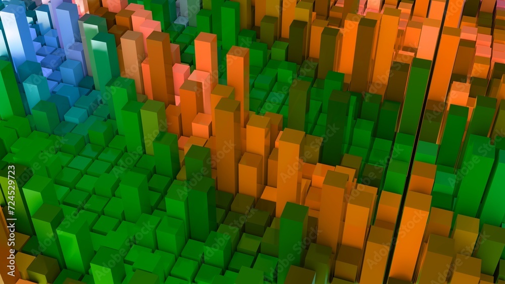 Fototapeta premium Geometrie - grüne orange Quader - Skyline - Architektur, Hochhäuser, Perspektive, Flächen, Formen, Winkel, Kontrast, Körper, Symmetrie, Rendering