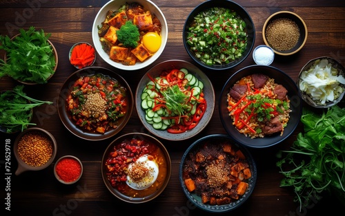 Assorted Asian Cuisine Dishes Served in Bowls on a Dark Table Background