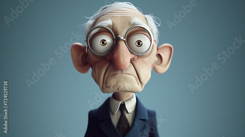 A charming and distinguished cartoon character, this 3D headshot illustration showcases an elderly man with a monocle, exuding an air of sophistication. Dressed in a stylish slate blue suit,