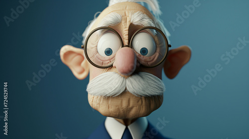 A charming and distinguished cartoon character, this 3D headshot illustration showcases an elderly man with a monocle, exuding an air of sophistication. Dressed in a stylish slate blue suit, © Nijat