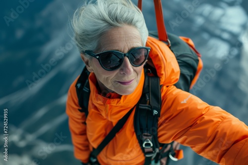 old charismatic cool woman on a parachute 