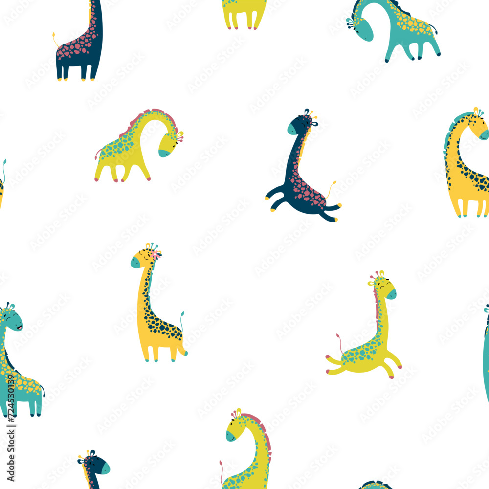 Fototapeta premium Vector seamless pattern with cute giraffes. Colorful Nursery texture in scandinavian style great for baby clothes,