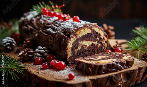 christmas log, traditional christmas cake, buche de noel, chocolate and berries, pastry, decorated with christmas themed elements, family meal and tradition, on a black, Generative AI 