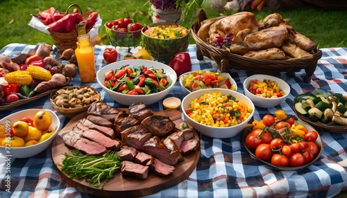 Picnic with meat and vegetables in a picturesque place in nature. A lot of food
