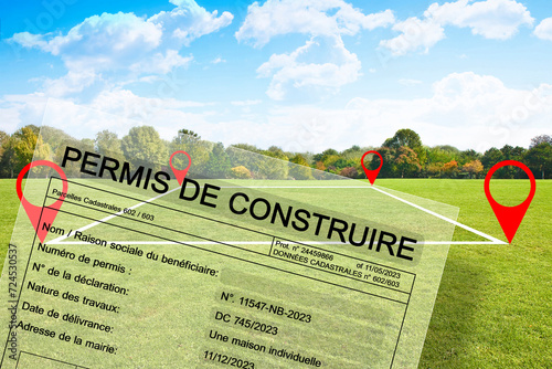 Building permit written in French - PERMIS DE CONSTRUIRE - with vacant land available for building construction - Building activity and construction industry concept photo