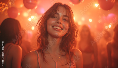 Portrait of a radiant smiling woman enjoying a festive party atmosphere with warm lights and balloons in the background.