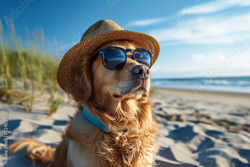 chihuahua dog at the ocean shore beach wearing red funny sunglasses smiling at camera