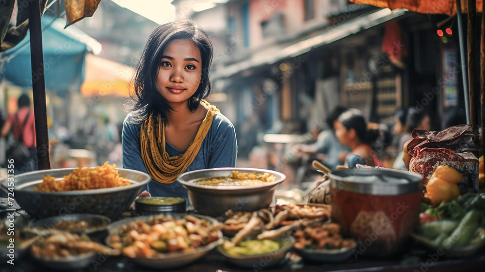Woman selling Asian food at street market.