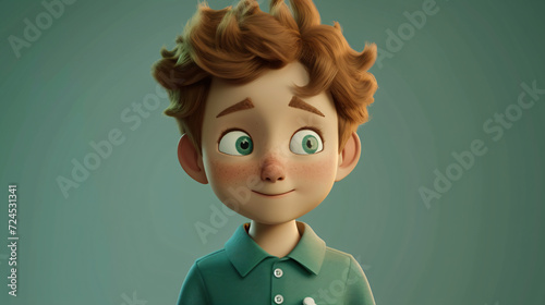 A charming 3D headshot illustration of a clever cartoon boy donning a vibrant jade green polo shirt. Engagingly holding a puzzle piece, this image exudes intelligence and problem-solving ski