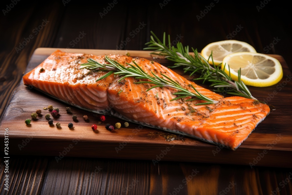 Salmon fillet, lemon, rosemary leaves, olive oil, colorful and delicious. Salmon fillet, lemon, rosemary leaves, olive oil, colorful and delicious.