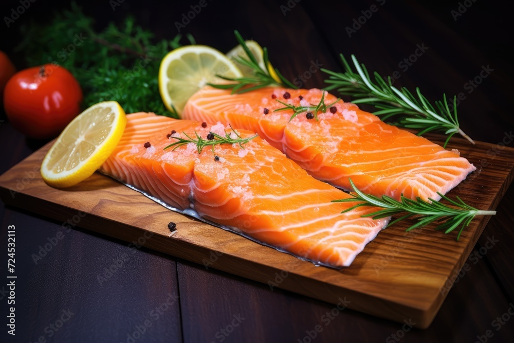 Salmon fillet, lemon, rosemary leaves, olive oil, colorful and delicious. Salmon fillet, lemon, rosemary leaves, olive oil, colorful and delicious.