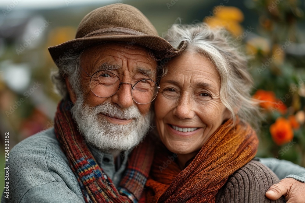 A loving and affectionate senior couple enjoying each other's company in the autumn countryside. A loving and affectionate senior couple enjoying each other's company in the autumn countryside.