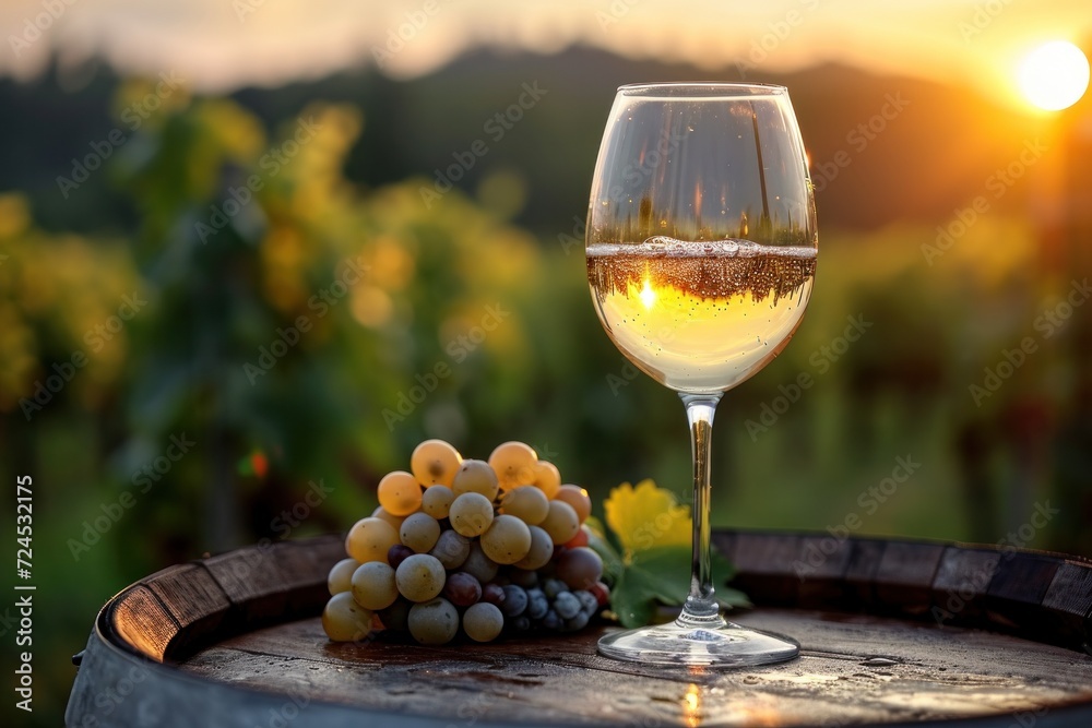 In the vineyard's rustic charm, a glass of white wine awaits at sunset.
