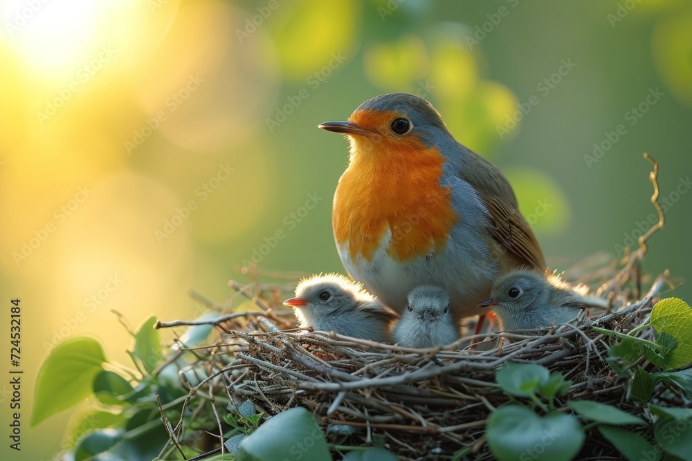 Fototapeta premium A small, colorful bird nest in a tree, with a fledgling waiting to be fed by its parent.