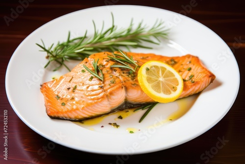 Salmon fillet, lemon, rosemary leaves, olive oil, colorful and delicious.