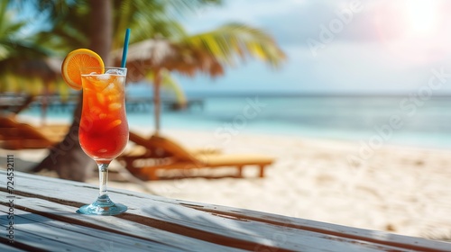 Tropical paradise  mai tai cocktail with defocused beach backdrop, perfect for text placement photo
