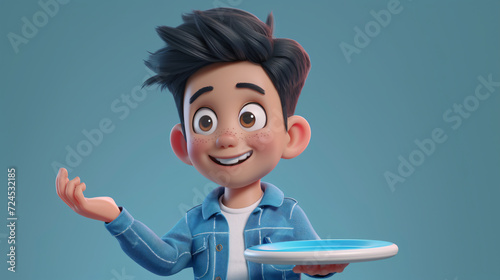 A cheerful cartoon boy wearing a stylish denim blue jacket holds a frisbee, ready for a day of outdoor play. This dynamic 3D headshot illustration captures the boy's enthusiasm and energy, m